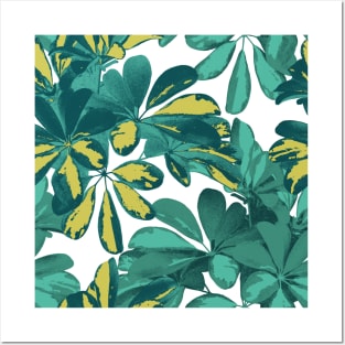 Exotic tropical Schefflera leaves textural print. Dark jungle summer topics. Rain forest foliage. Posters and Art